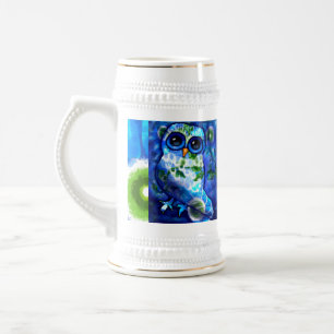 Whimsical Abstracte Uil Bloemen Blauw Groen Bierpul