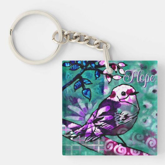 Whimsical Abstracte Vogel Blauwgroen Paarse Floral Sleutelhanger (voorkant)