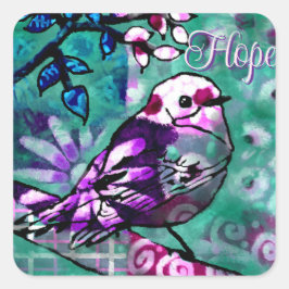 Whimsical Abstracte Vogel Blauwgroen Paarse Floral Vierkante Sticker