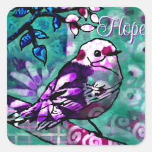Whimsical Abstracte Vogel Blauwgroen Paarse Floral Vierkante Sticker