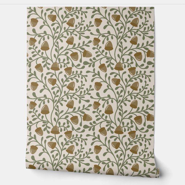 Whimsical Acorns and Leaves in Green and Brown on  Behang (Afrollen)