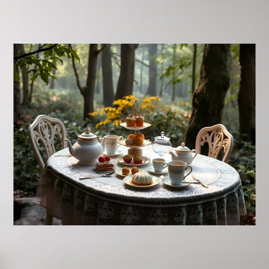 Whimsical Afternoon Tea Setup in het Mystieke Bos Poster (Voorkant)