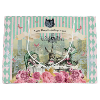 Whimsical Alice blue gestreept bloemenverjaardag Groot Cadeauzakje