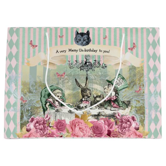 Whimsical Alice blue gestreept bloemenverjaardag Groot Cadeauzakje (Voorkant)