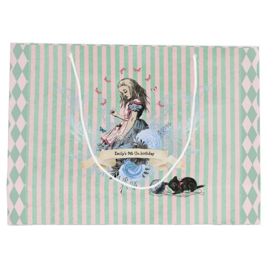 Whimsical Alice blue gestreept bloemenverjaardag Groot Cadeauzakje (Achterkant)