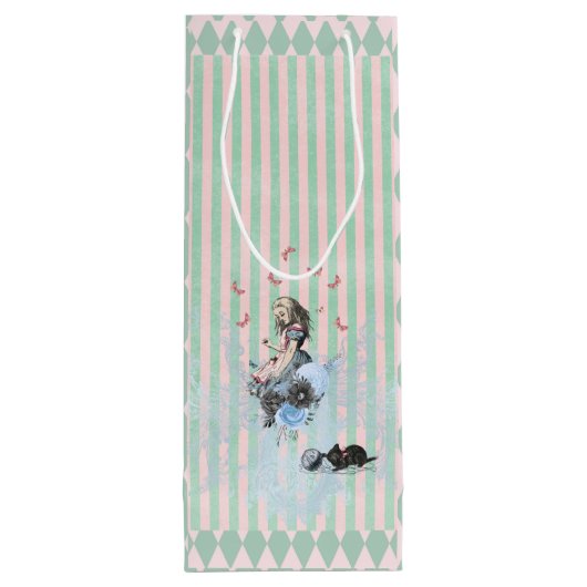 Whimsical Alice blue striped floral Wijn Cadeautas (Achterkant)