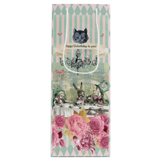 Whimsical Alice blue striped floral Wijn Cadeautas (Voorkant)