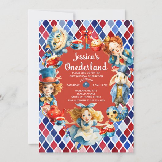 Whimsical Alice in ONEDERLAND 1st Birthday Party Kaart (Voorkant)