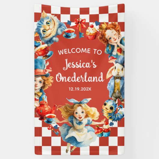 Whimsical Alice in ONEDERLAND 1st Birthday WELCOME Spandoek (Verticaal)