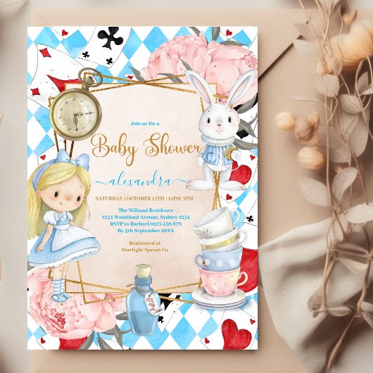 Whimsical Alice in Wonderland Baby shower Kaart