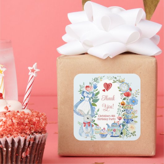 Whimsical Alice in Wonderland Dank je wel Vierkante Sticker (Feest)
