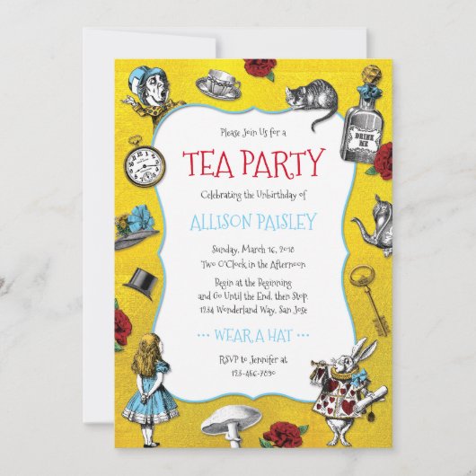Whimsical Alice in Wonderland Gold Party Kaart (Voorkant)