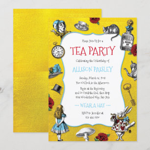 Whimsical Alice in Wonderland Gold Party Kaart