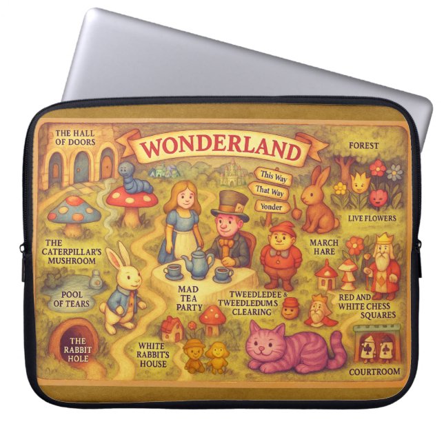 Whimsical Alice in Wonderland Kaart Laptop Sleeve (Voorkant)