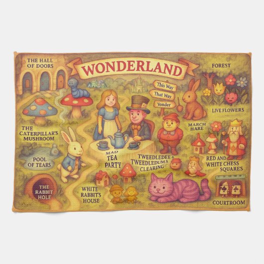 Whimsical Alice in Wonderland Map Theedoek (Horizontaal)