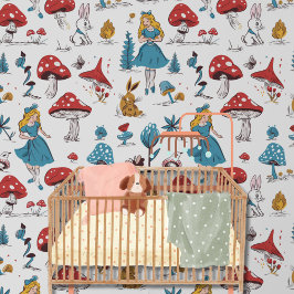 Whimsical Alice in Wonderland Red Mushroom Rabbit Behang