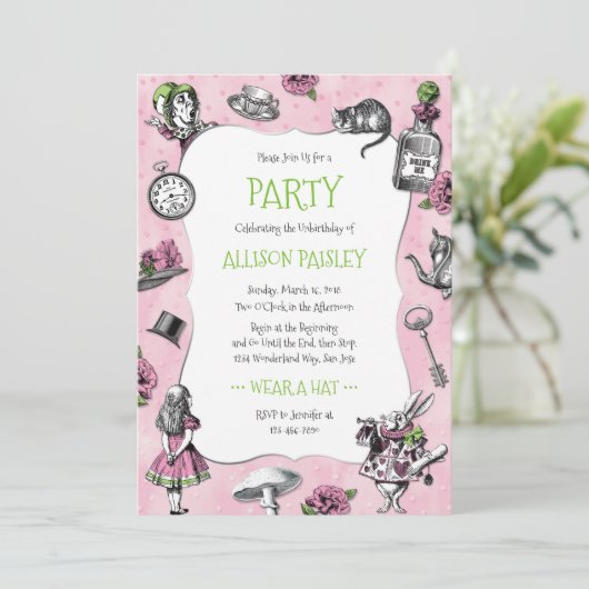 Whimsical Alice in Wonderland Roze en Groen Kaart (Staand voorkant)