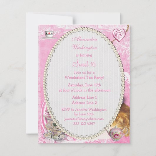 Whimsical Alice in Wonderland Sweet 16 Tea Party Kaart (Achterkant)