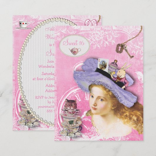 Whimsical Alice in Wonderland Sweet 16 Tea Party Kaart (Voorkant / Achterkant)