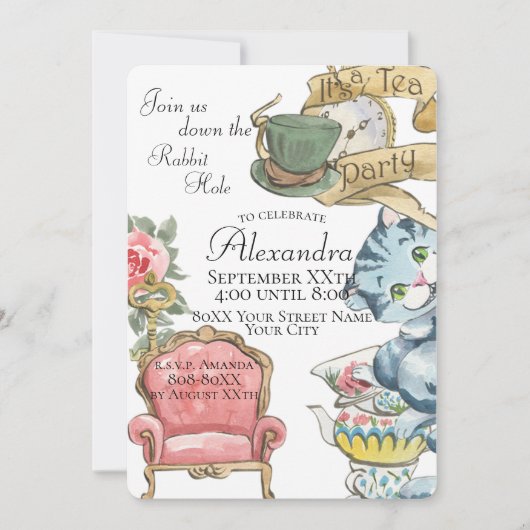 Whimsical Alice in Wonderland Tea Party Kaart (Voorkant)