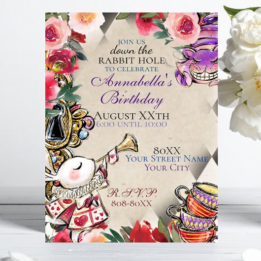 Whimsical Alice in Wonderland Tea Party Theme Kaart
