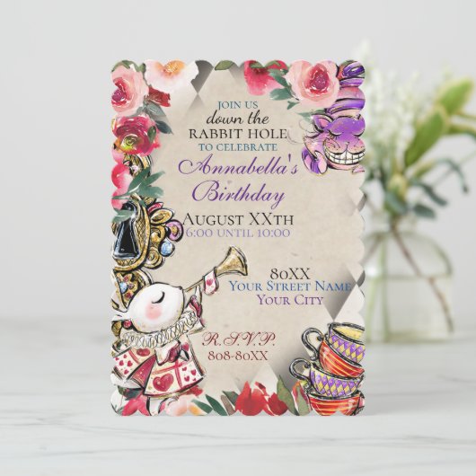 Whimsical Alice in Wonderland Tea Party Theme Kaart (Staand voorkant)