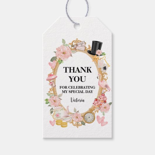 Whimsical Alice Mad Hatter Wonderland Birthday Cadeaulabel (Voorkant)
