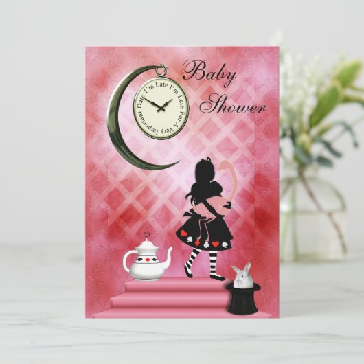 Whimsical Alice & Pink Flamingo Baby Girl Shower Kaart (Staand voorkant)
