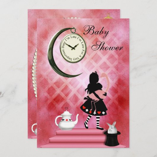 Whimsical Alice & Pink Flamingo Baby Girl Shower Kaart (Voorkant / Achterkant)