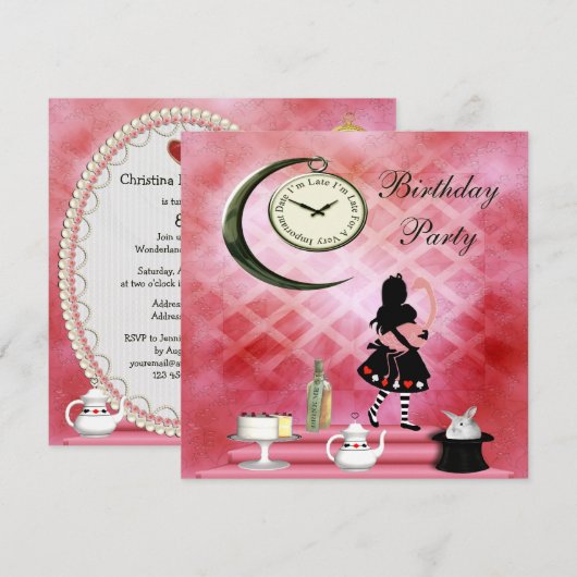 Whimsical Alice & Pink Flamingo Birthday Party Kaart (Voorkant / Achterkant)