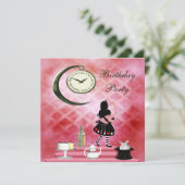 Whimsical Alice & Pink Flamingo Birthday Party Kaart (Staand voorkant)