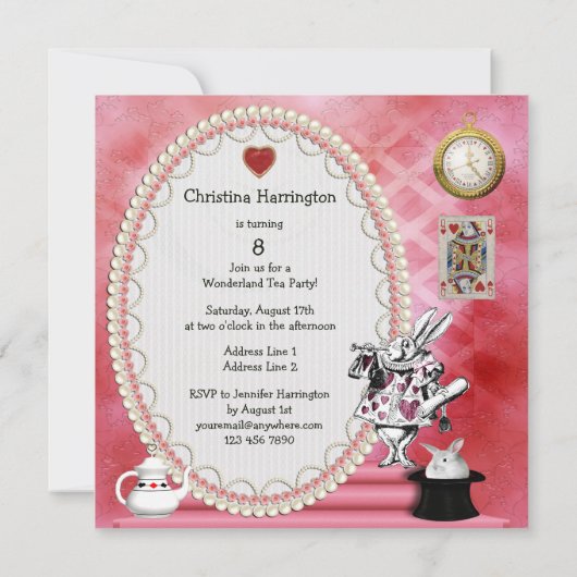 Whimsical Alice & Pink Flamingo Birthday Party Kaart (Achterkant)