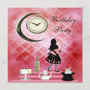 Whimsical Alice & Pink Flamingo Birthday Party Kaart