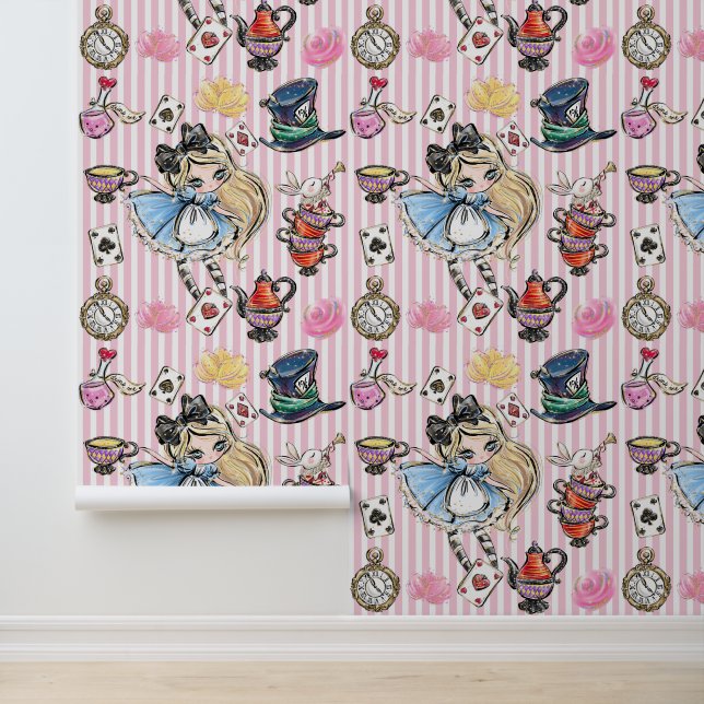 Whimsical Alice Tea Party Pink Stripes Wallpaper Behang (Applicatie)