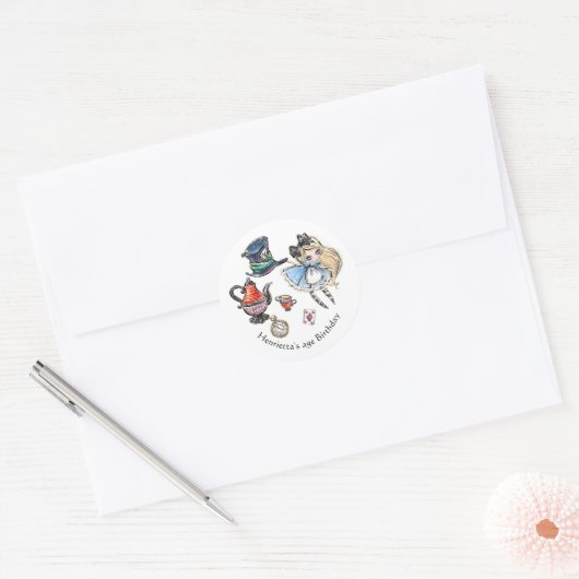 Whimsical Alice Thee Feestje Geboorte Sticker (Envelop)