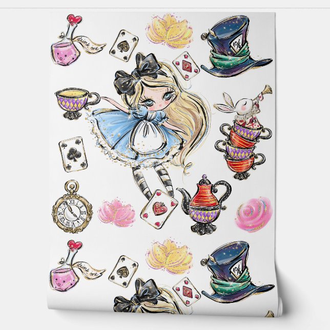 Whimsical Alice Theekopje Sparkle Karakter Behang (Afrollen)