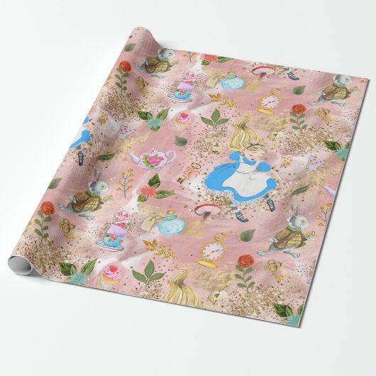 Whimsical Alice's avonturen in Wonderland Blush Cadeaupapier (Uitgerold)