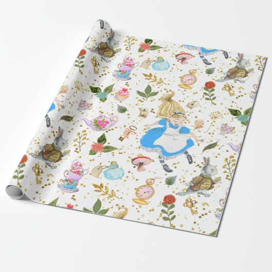 Whimsical Alice's avonturen in Wonderland Glitz Cadeaupapier (Uitgerold)