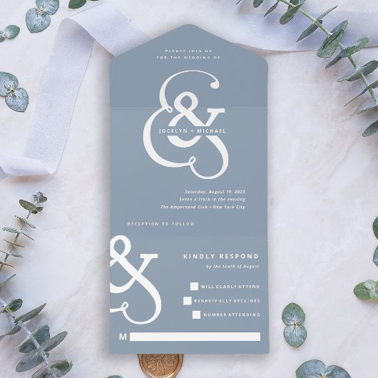Whimsical Ampersand | Dusty Blue Wedding All In One Uitnodiging
