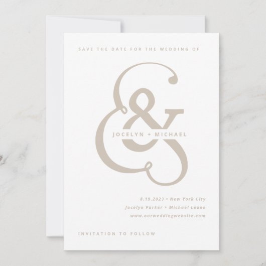 Whimsical Ampersand | Foto terug wit en beige Save The Date (Voorkant)