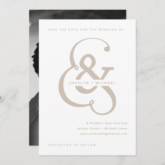 Whimsical Ampersand | Foto terug wit en beige Save The Date (Voorkant / Achterkant)