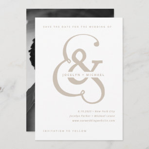 Whimsical Ampersand   Foto terug wit en beige Save The Date