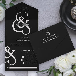 Whimsical Ampersand | Moody Black Wedding All In One Uitnodiging