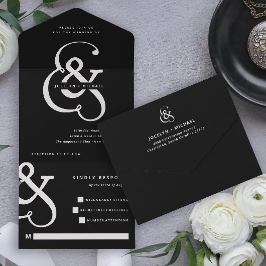 Whimsical Ampersand | Moody Black Wedding All In One Uitnodiging