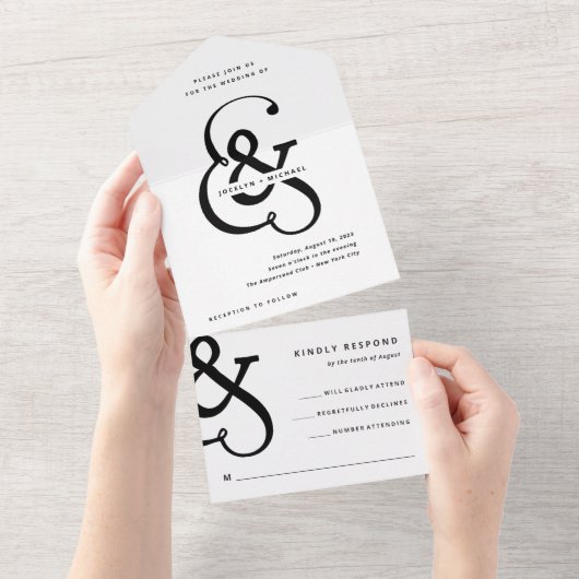 Whimsical Ampersand | Zwarte en witte bruiloft All In One Uitnodiging (Afscheurbaar)
