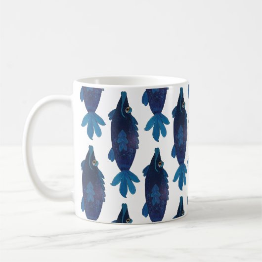 Whimsical and Schattig Fish Artwork in Rich Blues Koffiemok (Links)