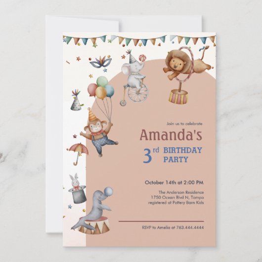 Whimsical Animals Circus Verjaardagsfeest Kaart (Voorkant)