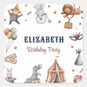 Whimsical Animals Circus Verjaardagsfeest Vierkante Sticker (Voorkant)