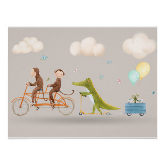 Whimsical Animals on Bicycle Nursery Wall art Perfect Poster