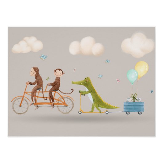 Whimsical Animals on Bicycle Nursery Wall art  Perfect Poster (Voorkant)
